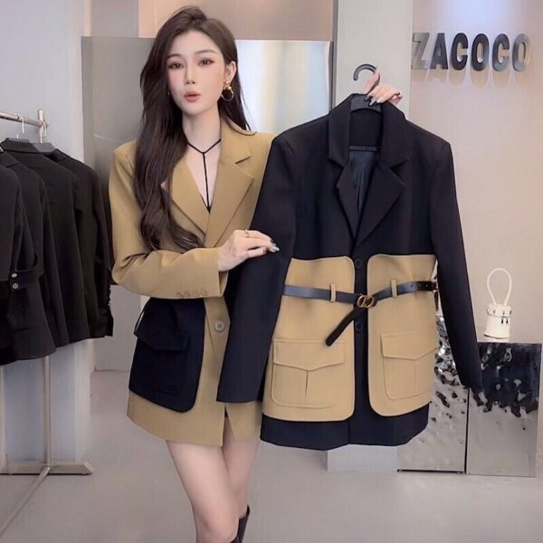 Korean version of medium and long retro suit jacket women's French workwear stitching high-end waist slimming suit two-piece set - Image 4