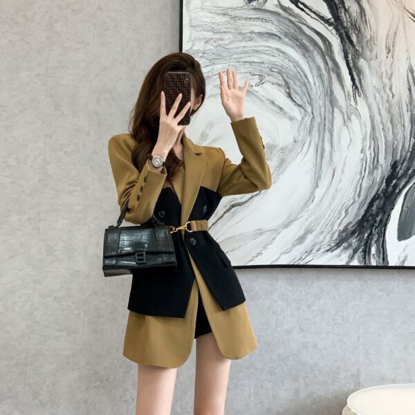 Korean version of medium and long retro suit jacket women's French workwear stitching high-end waist slimming suit two-piece set