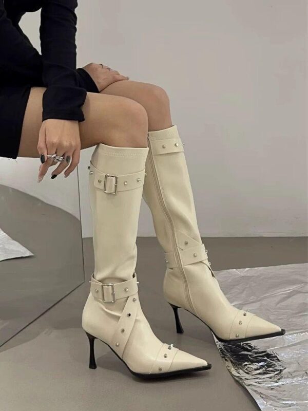 Hot girl boots women's pointed toe long boots women's Internet celebrity thin heel pile rivets 2024 New style of belt buckle high boots